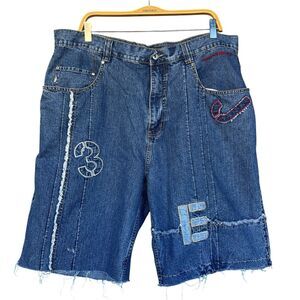 Pepe Jean Shorts Mens Size 40 Y2K Baggy Jorts Embroidered Blue 90s Letters